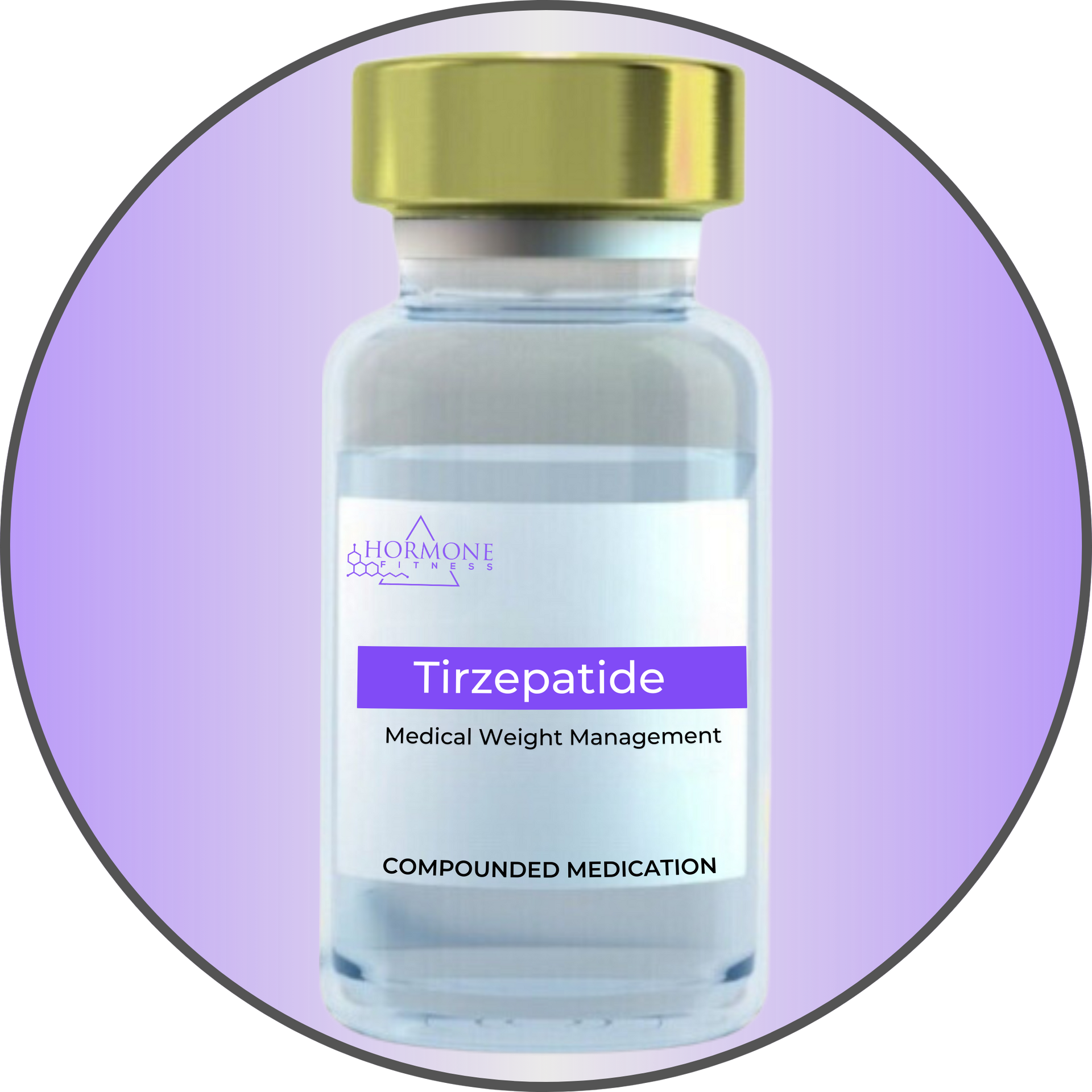 A vial of tirzepatide compounded weight loss medication on a purple background
