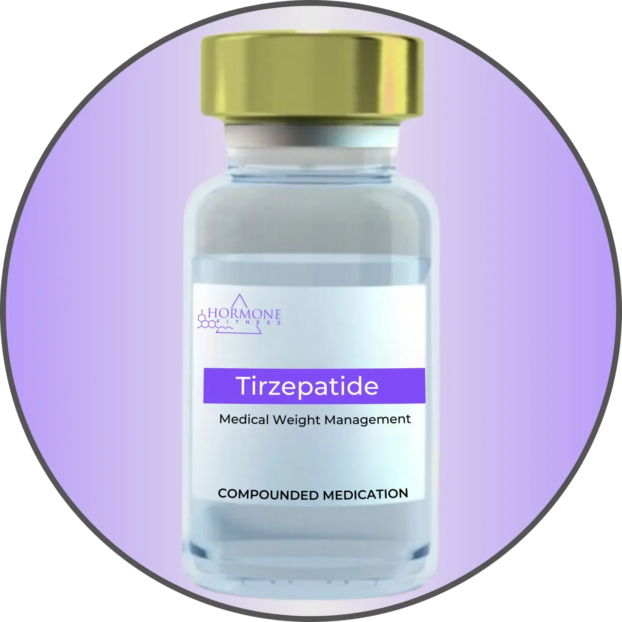 A vial of Tirzepatide weight loss medication by Hormone Fitness on a gradient purple background.