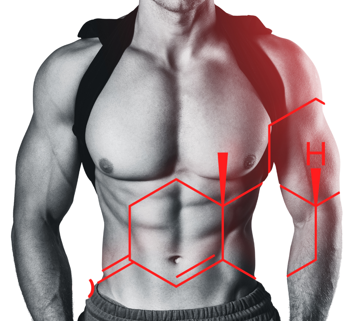 A shirtless fit man with a red diagram of the chemistry structure of a hormone.