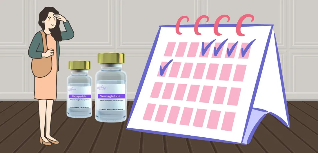 A woman is standing next to a vial of Semaglutide, a vial of Tirzepatide, and a calendar.