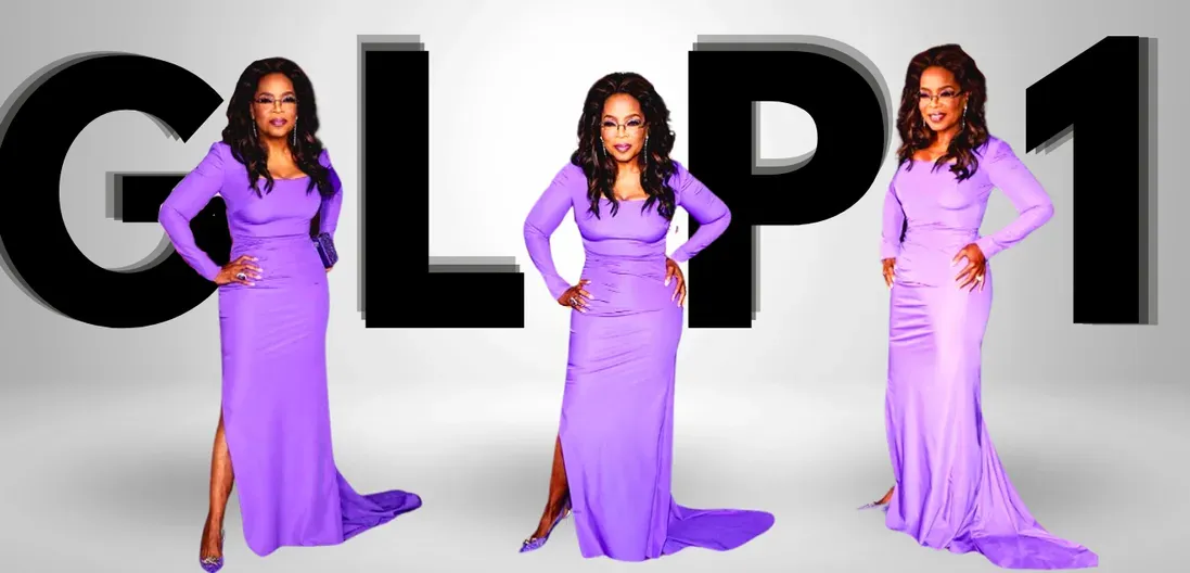 Oprah Winfrey in a purple dress is standing in front of the word GLP-1.