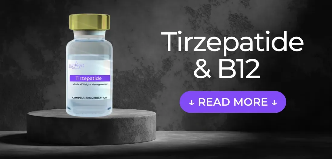 Syringe and vitamin B12 bottle illustrating compounded Tirzepatide with B12 for weight loss.