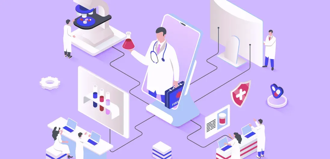 An isometric illustration of doctors doing telemedicine research.