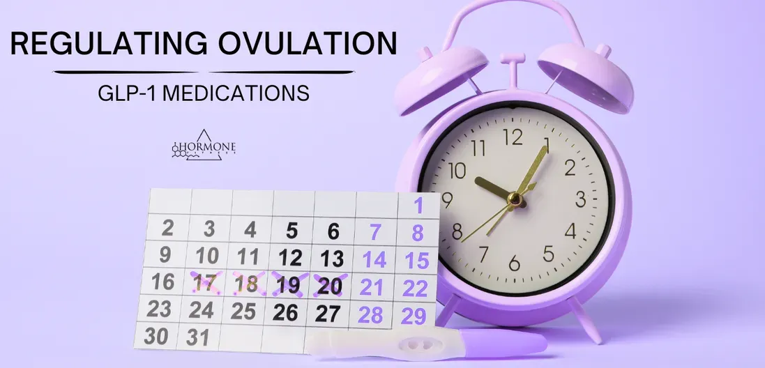 A purple alarm clock is sitting next to a calendar and pregnancy test and the text GLP-1 Medication.