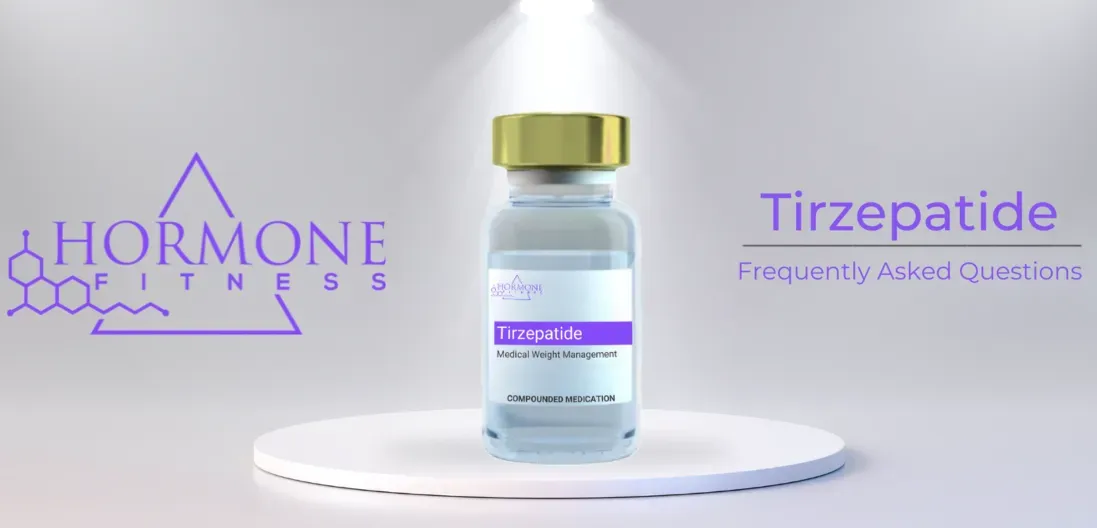 A vial of tirzepatide is sitting on top of a white podium.