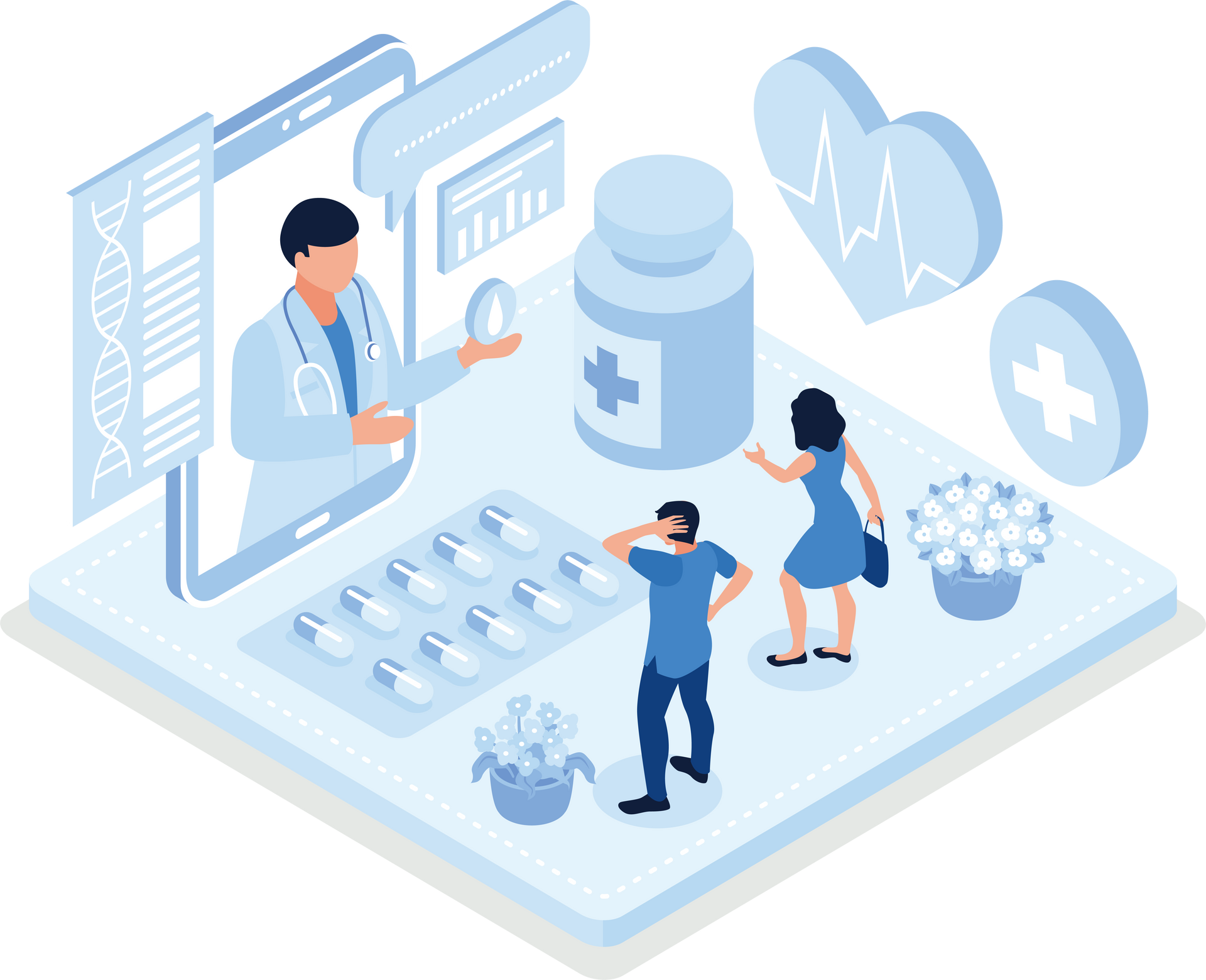 An isometric illustration of a doctor talking to a patient.