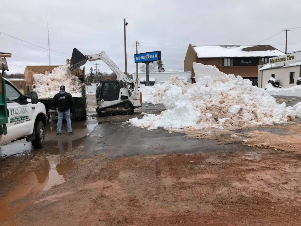 A Bobcat loader and dump truck removing snow from a parking lot; overcast sky.