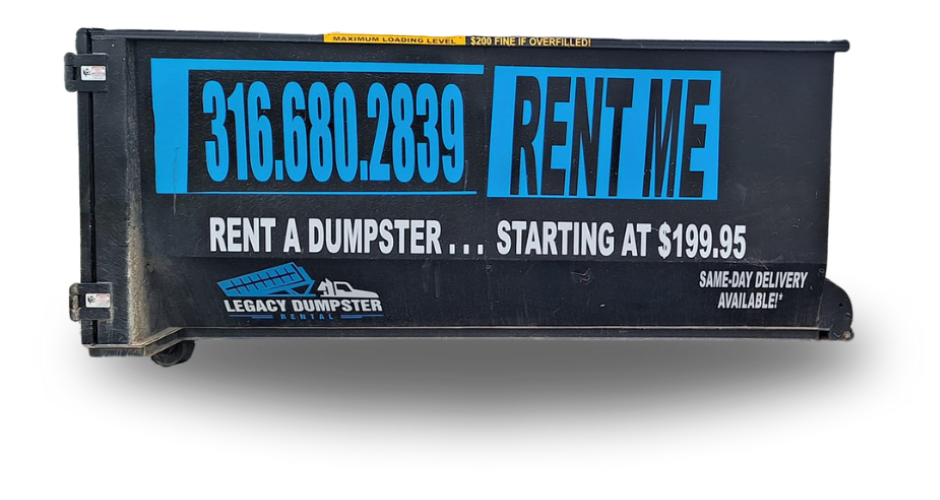 A 20 yard dumpster that says rent me on it