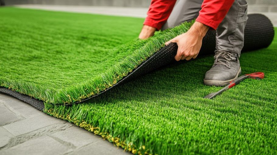 Person installing artificial turf on a paved surface, unrolling the green mat.
