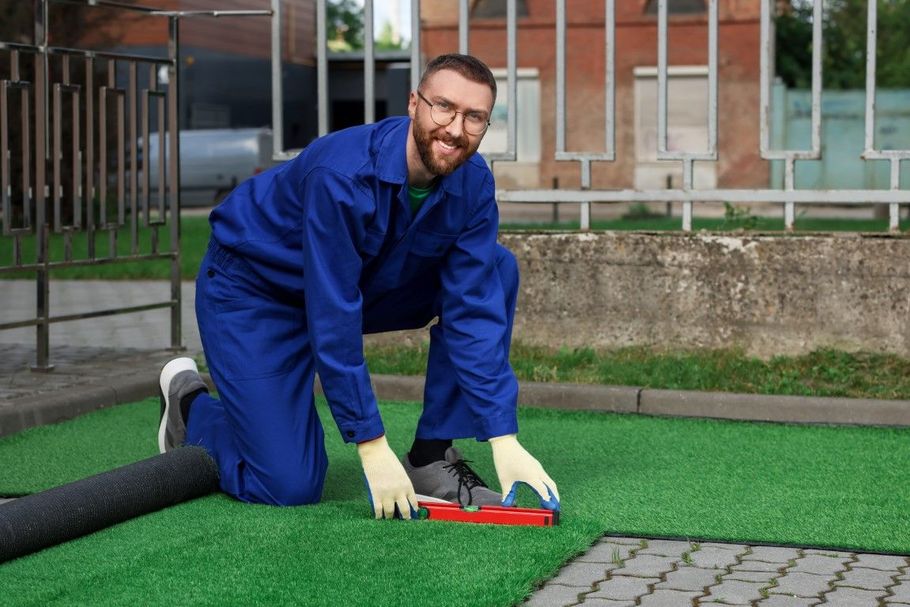 Man in blue jumpsuit, applying glue to artificial turf on a patio, smiling.