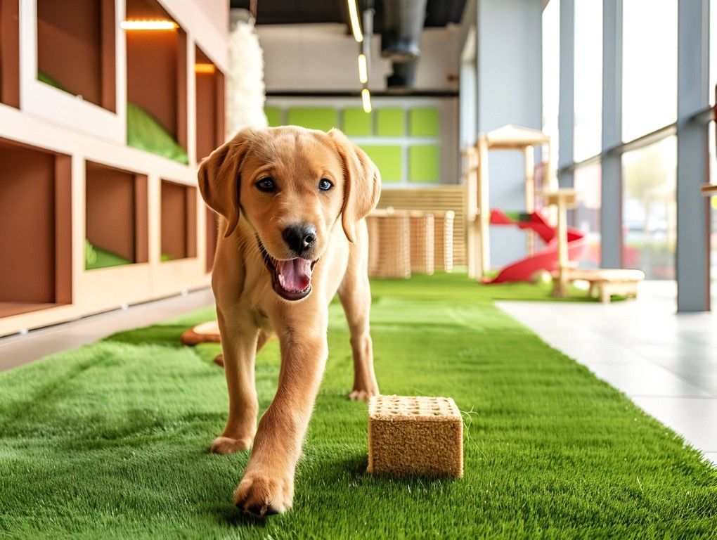 Golden Labrador puppy walking towards the camera on artificial turf with open mouth, indoors.