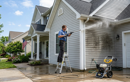 Worker spraying white trim on a suburban house exterior, standing on a ladder beside a pressure washer.