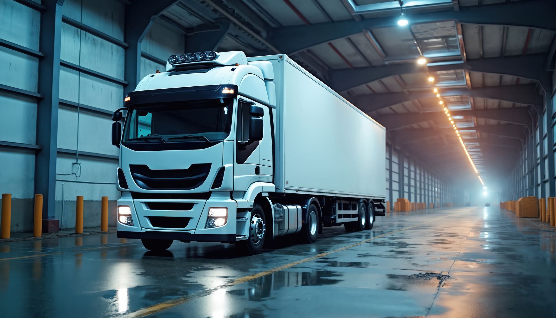 White semi-truck driving inside a long, industrial warehouse with wet floors.