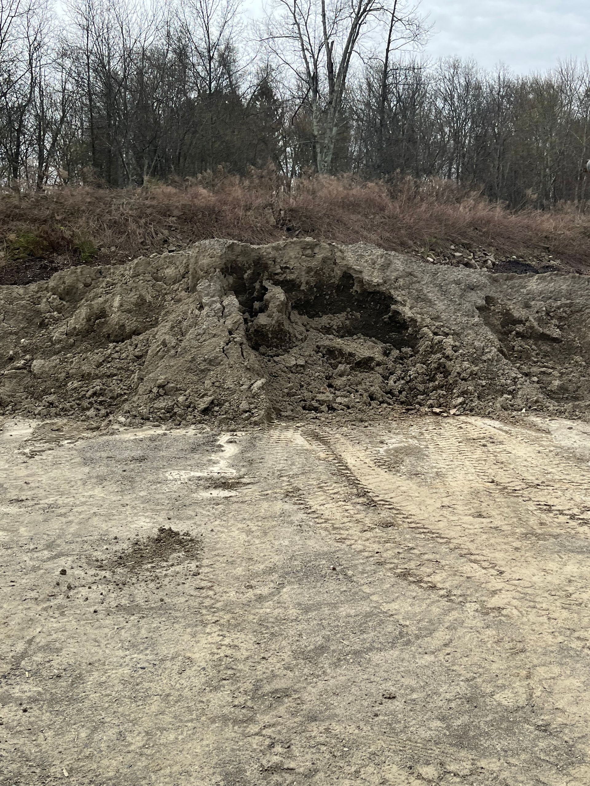 There is a large pile of dirt in the middle of a field.
