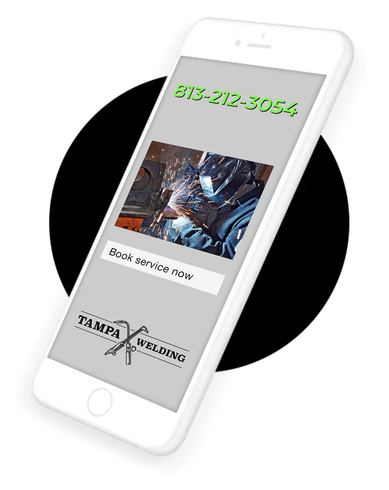 Mobile phone, showing Tampa Welding website and phone number