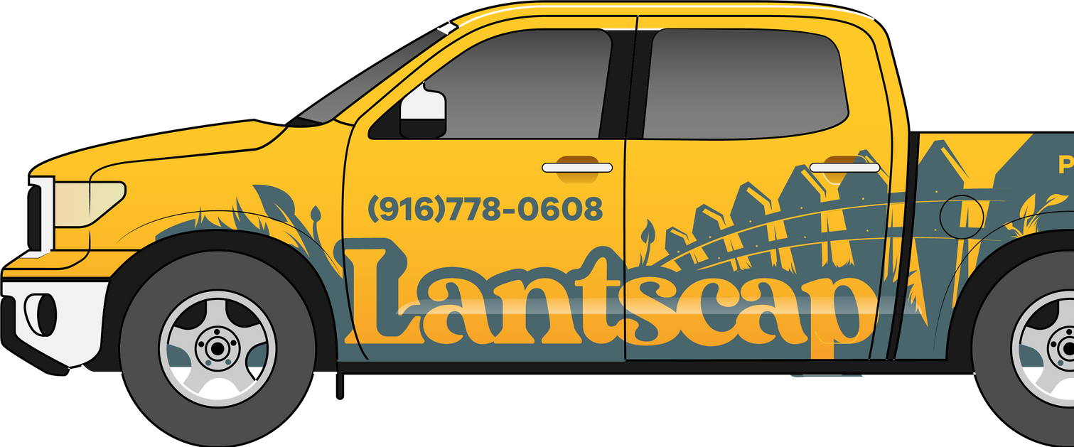 A yellow truck with the word lantcap on the side