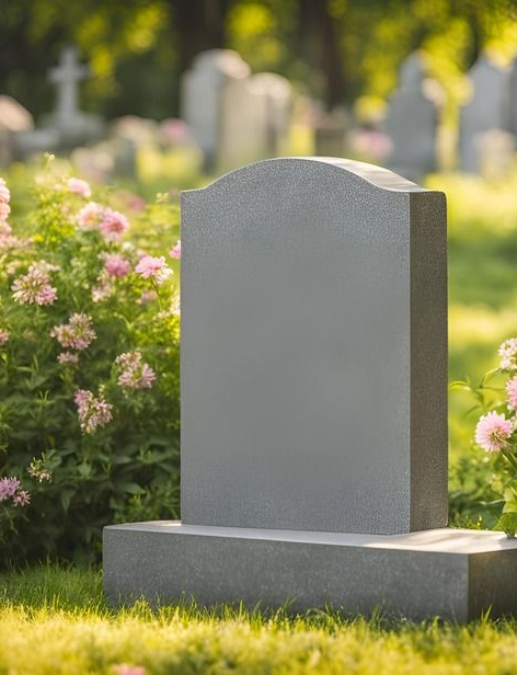 A blank gray tombstone in a cemetery, surrounded by pink flowers and other tombstones.