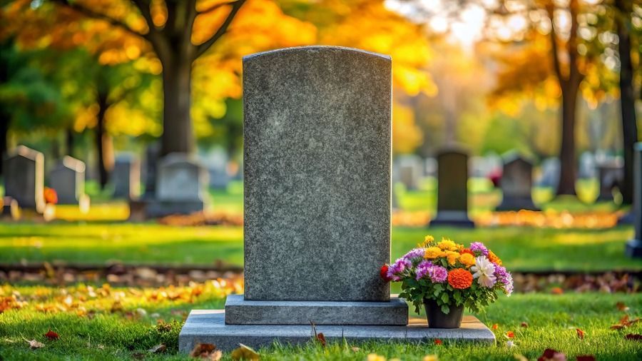 Gravestone in a sunlit cemetery with colorful flowers at its base, autumn trees in the background.