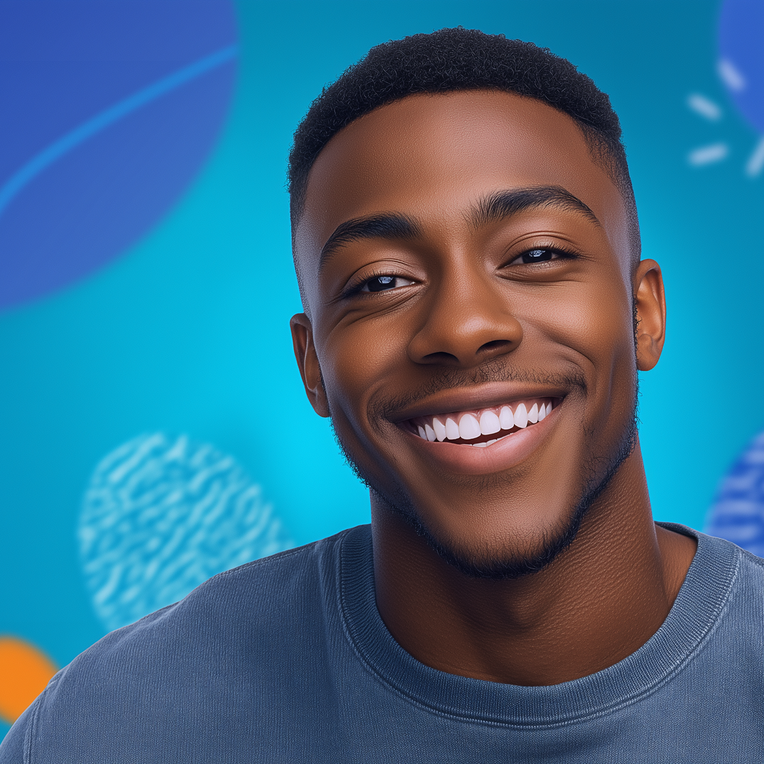 Smiling person in a gray shirt against a blue backdrop with abstract shapes.