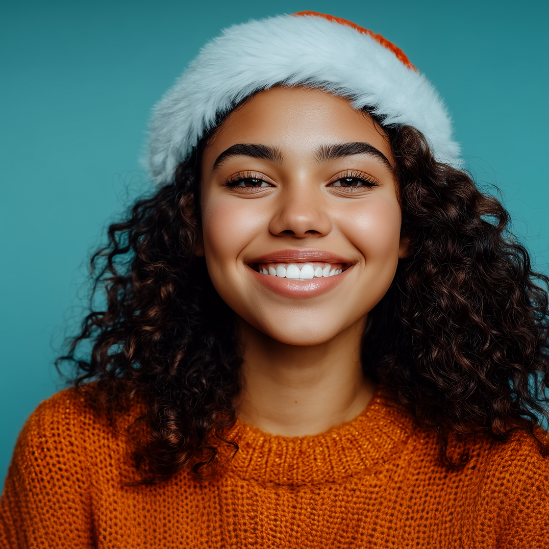 Woman with curly hair smiles, wearing a Santa hat and orange sweater against a blue backdrop.