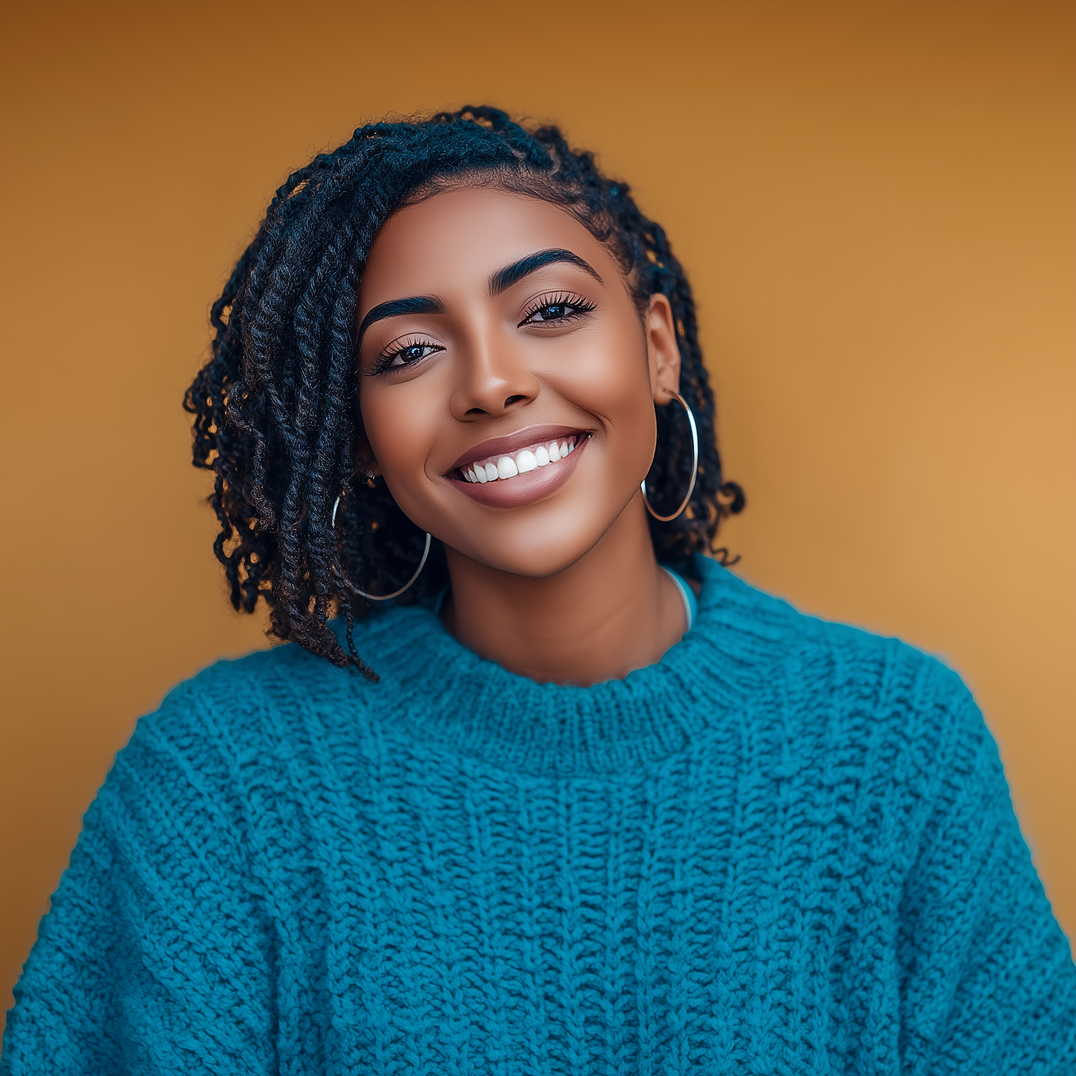 Woman with curly black hair, wearing a blue sweater and silver hoop earrings, smiles broadly against an orange background.