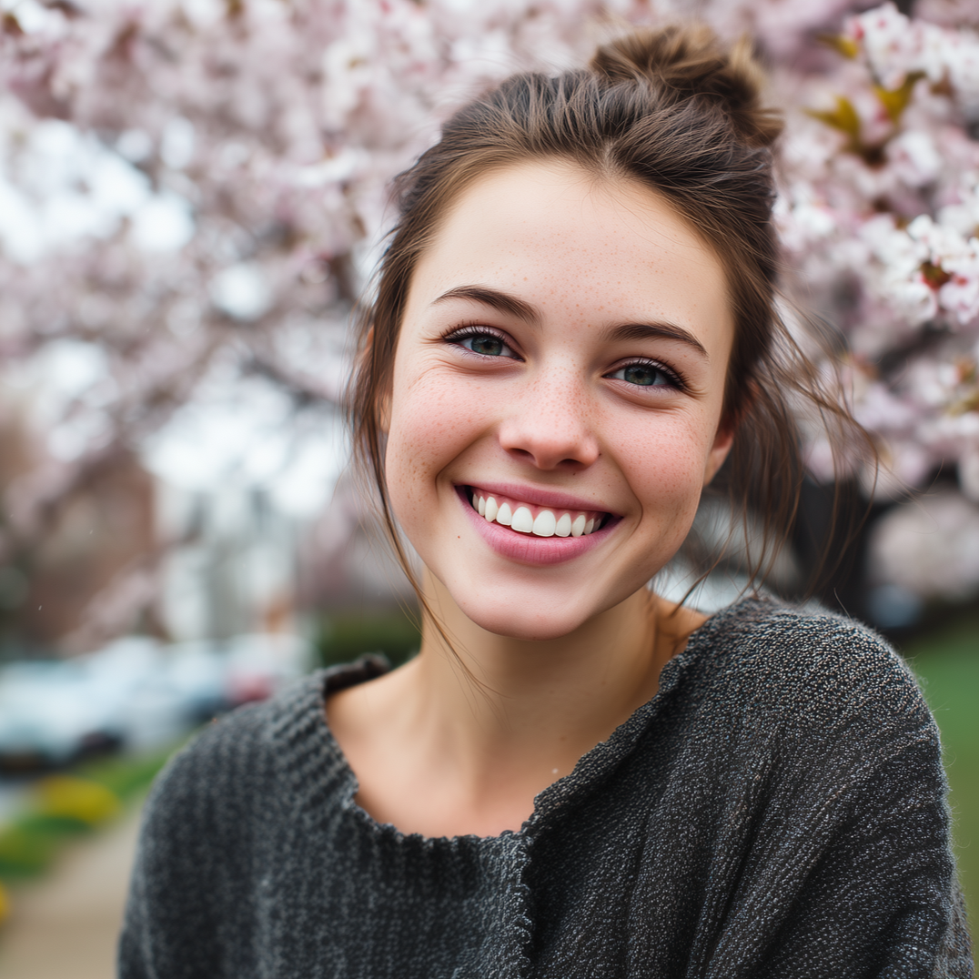 A person with a warm smile, wearing a gray sweater, standing in front of blooming cherry blossom trees.