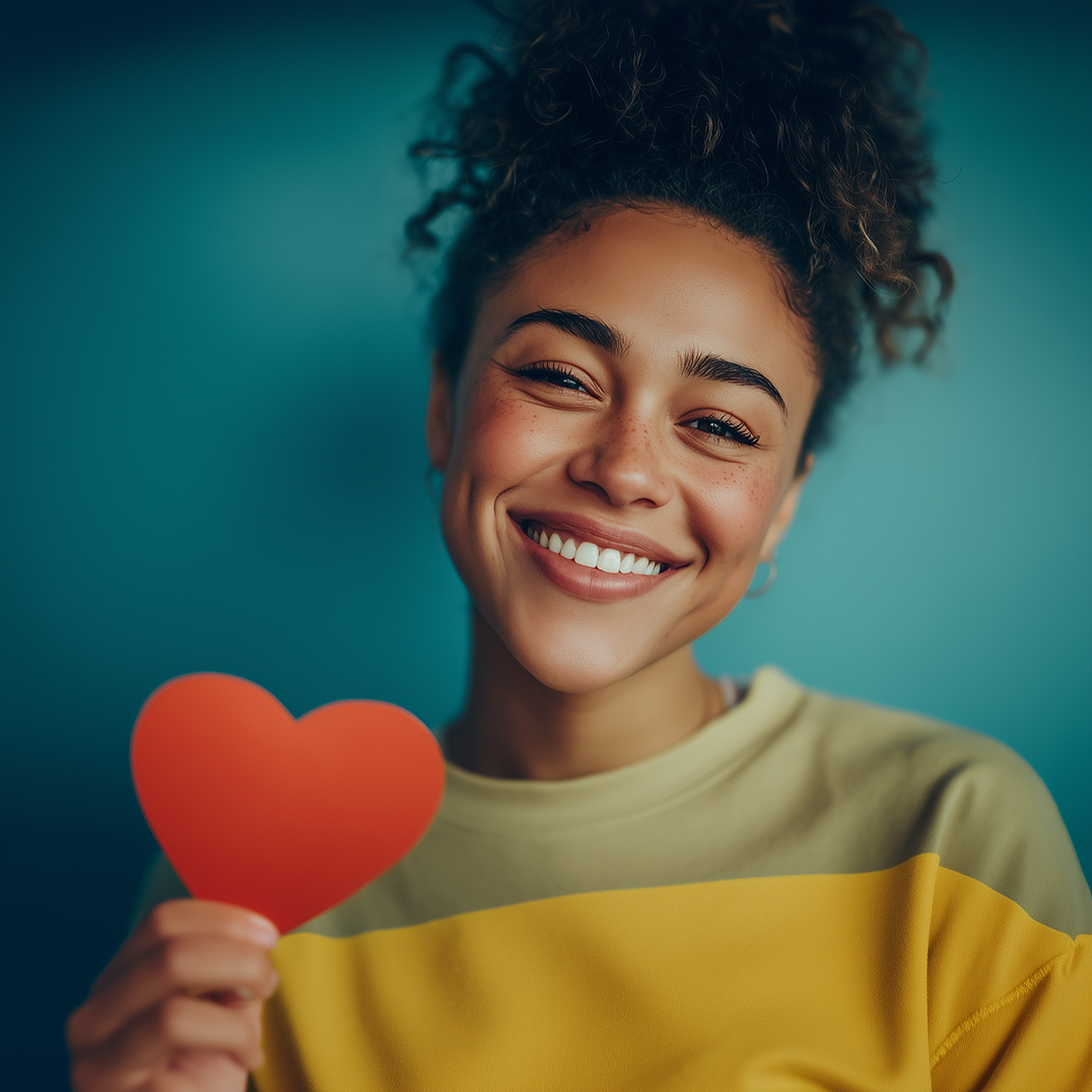 Woman holding a red heart, smiling with background.