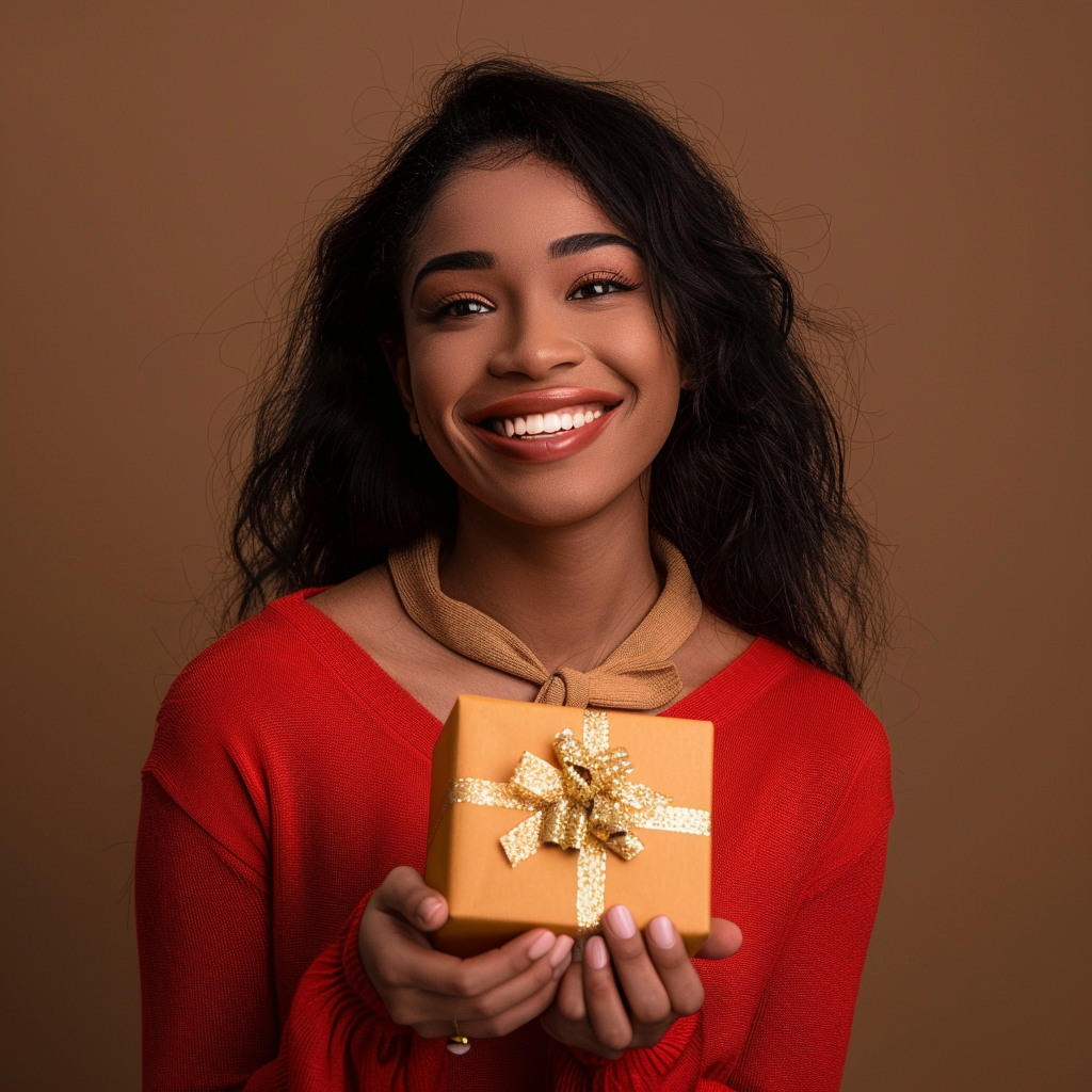 A woman in a red sweater is holding a gift box with a gold bow.