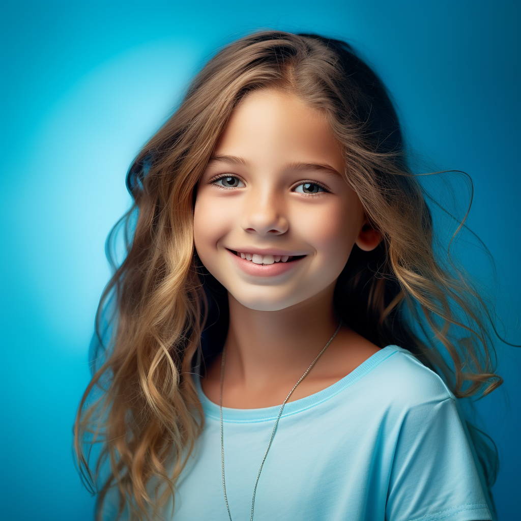 a young girl with long hair is wearing a blue shirt and smiling .