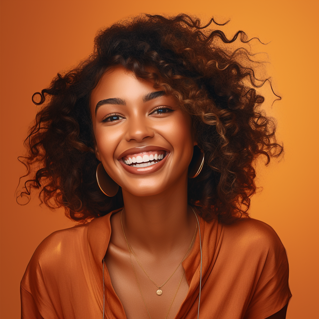 a woman with curly hair is smiling for the camera .