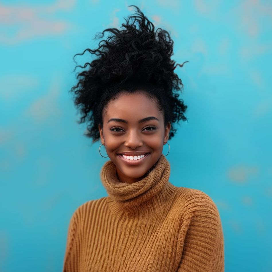 A woman with curly hair is wearing a turtleneck sweater and smiling.