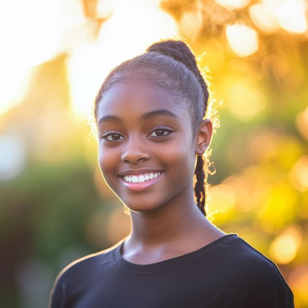 A young girl in a black shirt is smiling for the camera.