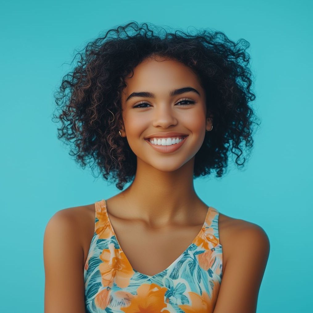 A woman with curly hair is smiling and wearing a floral tank top.