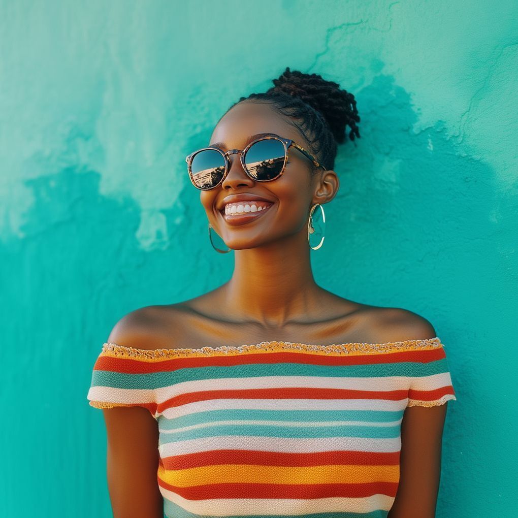 A woman wearing sunglasses and a striped shirt is smiling in front of a blue wall.