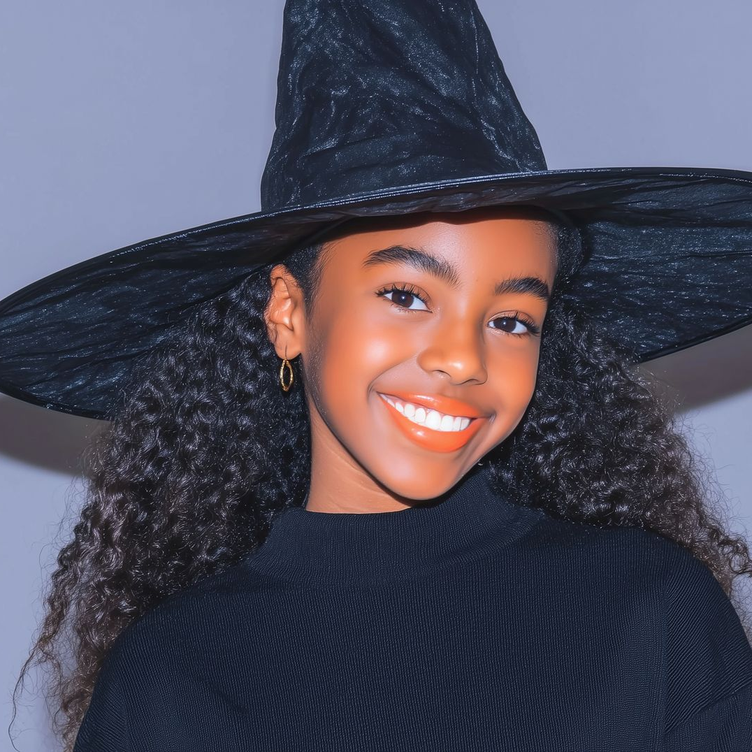 Young girl with long curly hair, wearing a black witch hat and smiling.