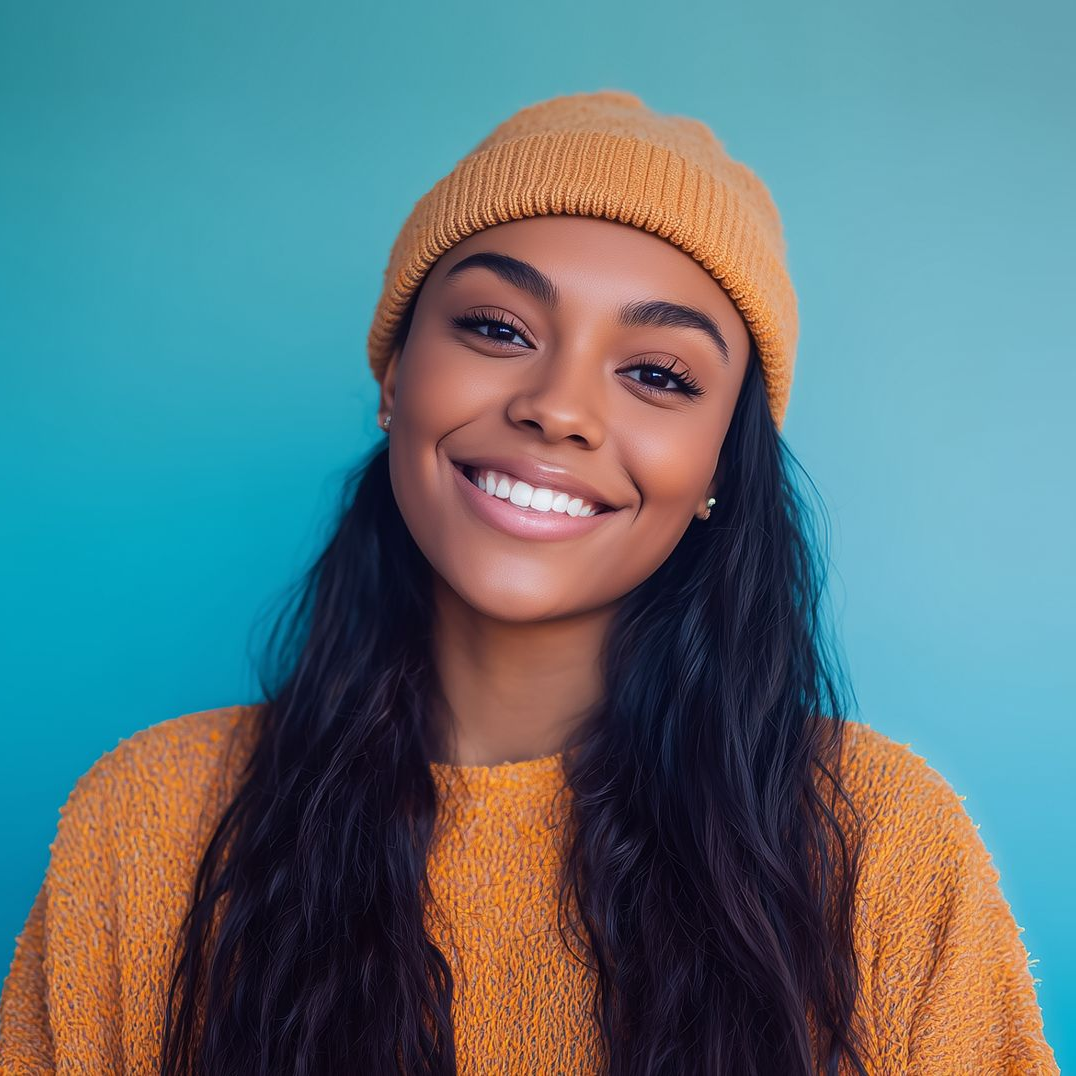 Smiling woman with dark hair and a gold beanie against a teal background.