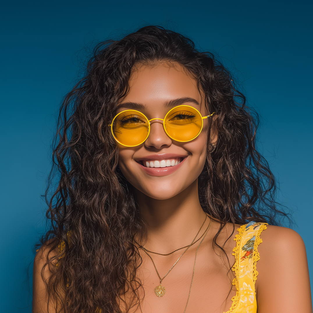 Smiling woman with curly hair wearing yellow sunglasses and a yellow top against a blue background