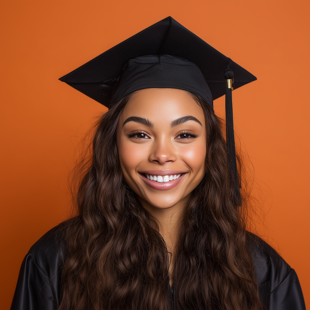 Smiling graduate in black cap and gown against an orange background