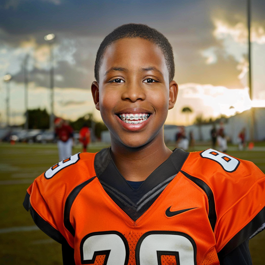 Boy in orange football jersey with braces smiling at the camera on the field.