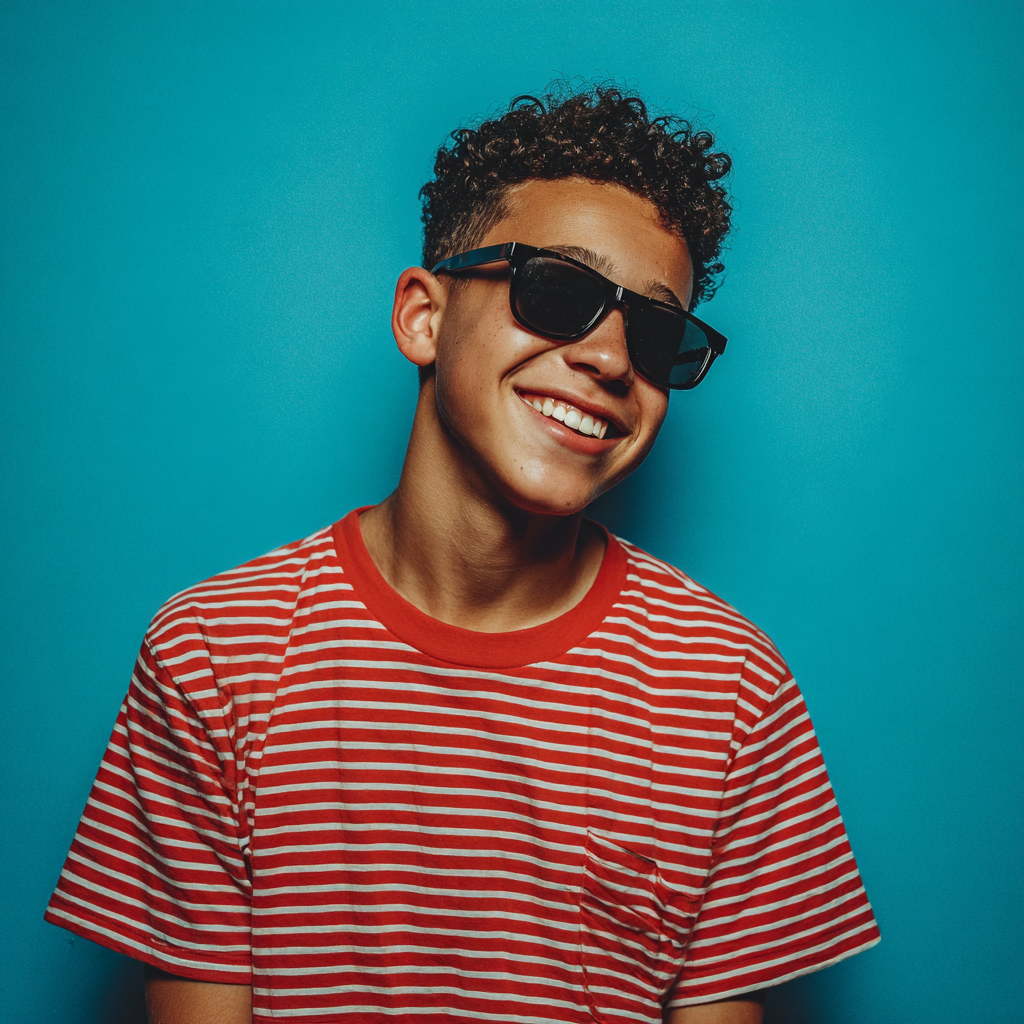 A young man wearing sunglasses and a striped shirt is smiling.