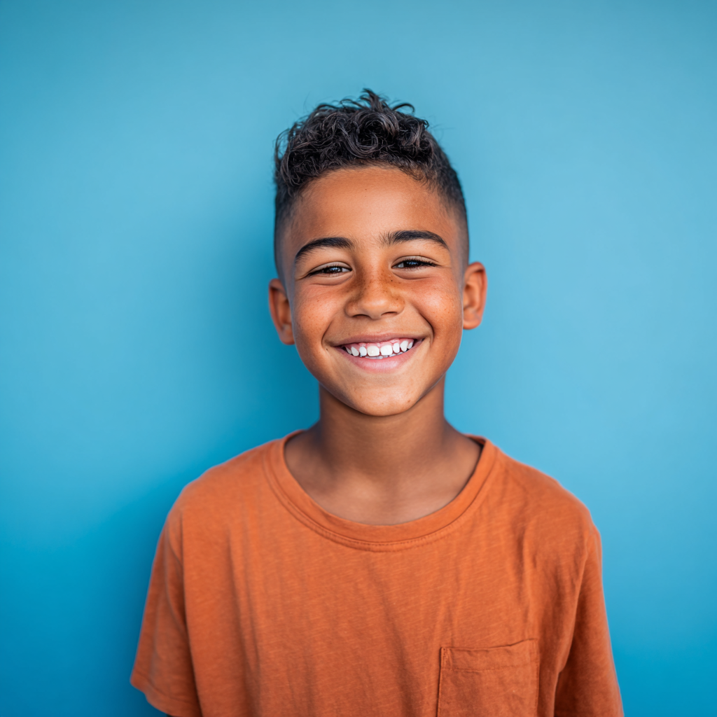 Boy with curly hair and a large smile wearing an orange shirt against a blue backdrop.