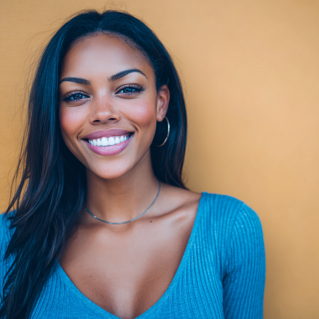Woman with long dark hair smiles at the camera, wearing a blue top and silver jewelry, against an orange background.