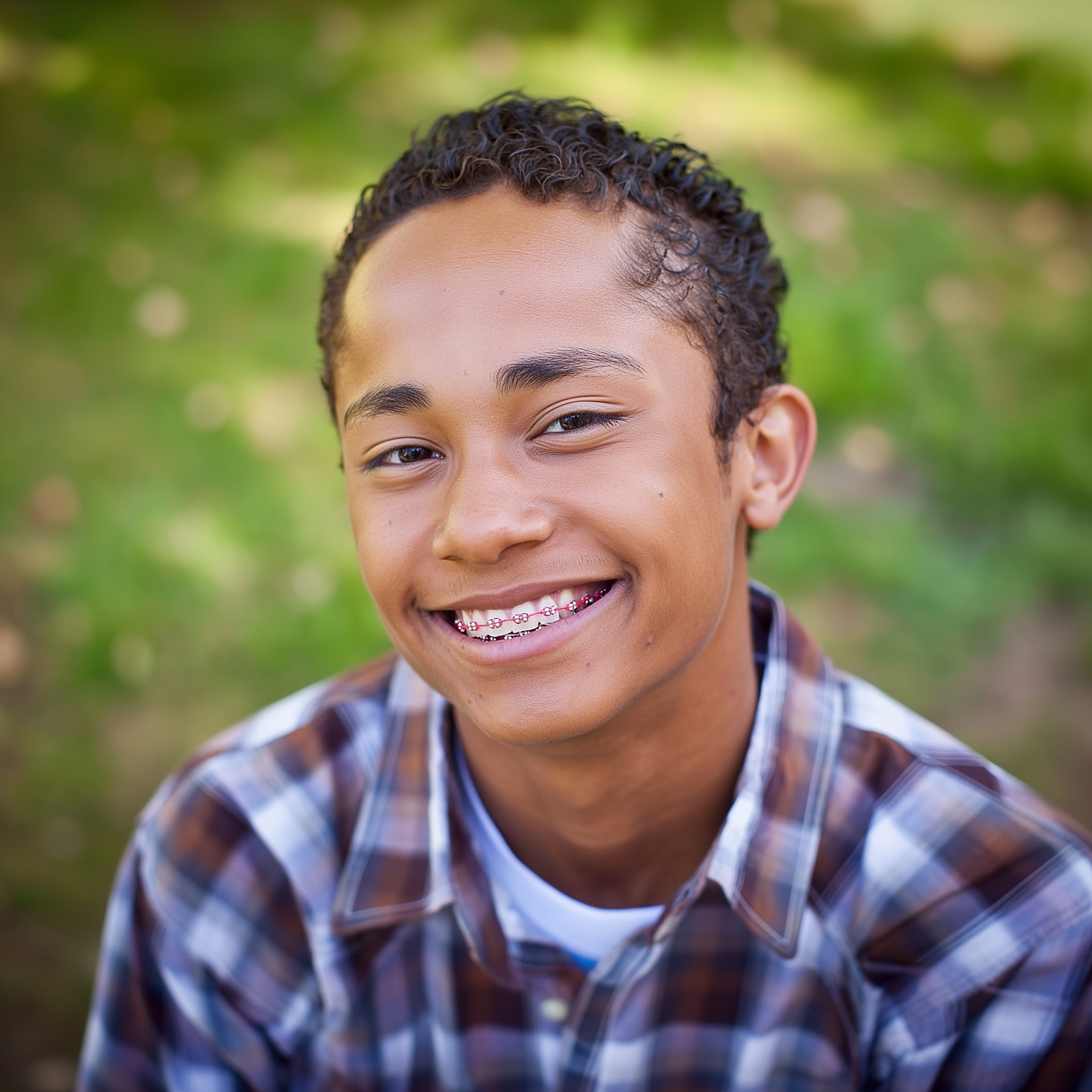 A person wearing a plaid shirt and braces smiles warmly in an outdoor setting with a soft, green background.