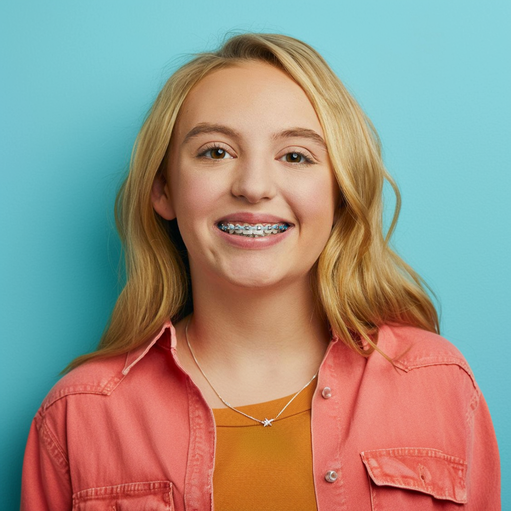Blonde person smiles, wearing braces and a coral shirt, against a blue backdrop.