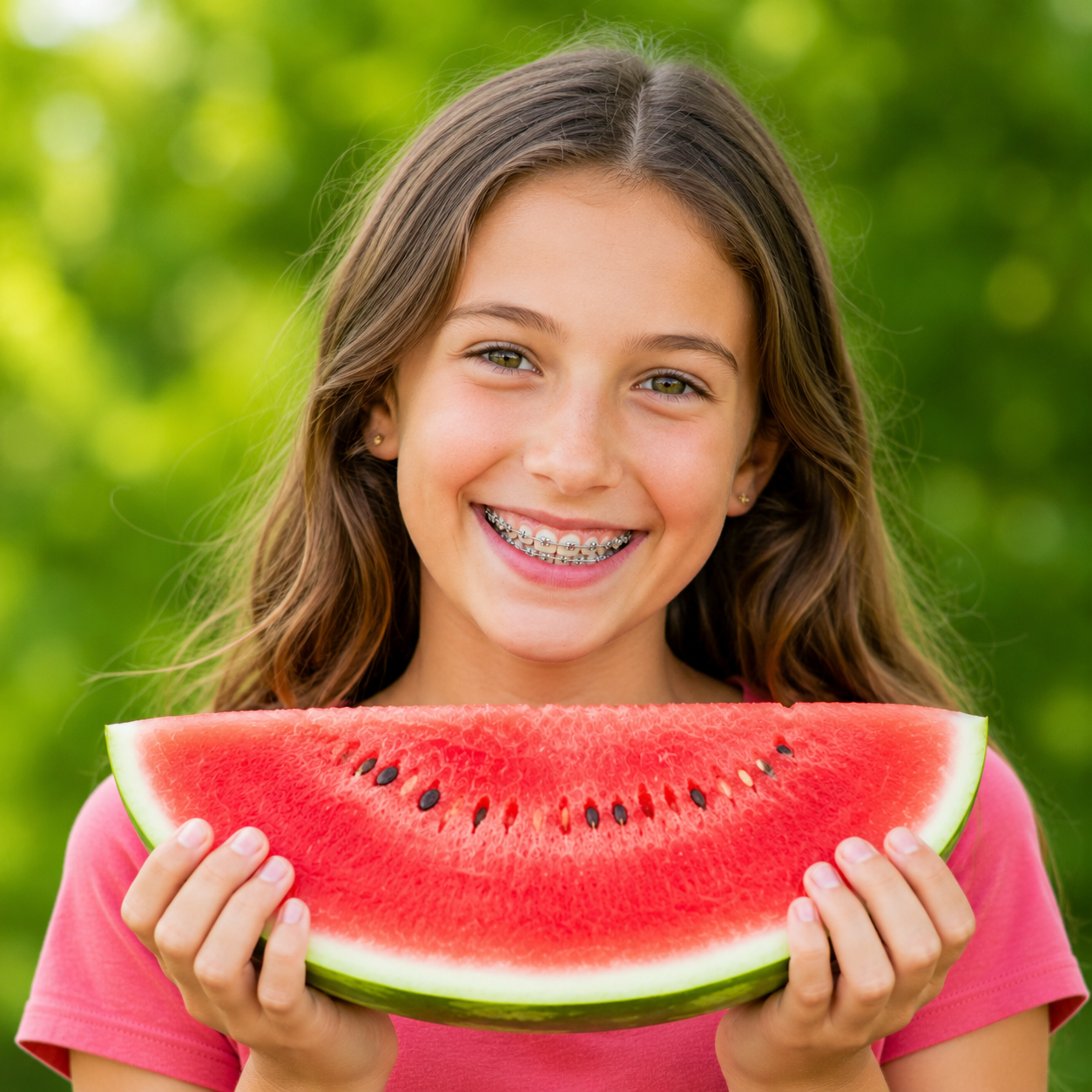 Smiling girl in a pink shirt holding a slice of watermelon outdoors