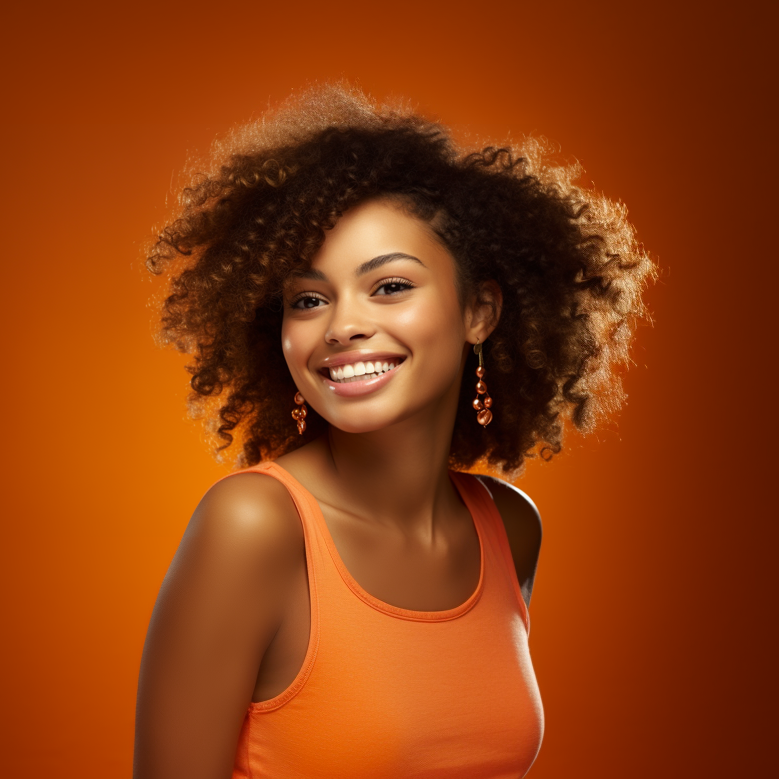 a beautiful teenage girl smiling, wearing long earrings and an orange shirt, orange background