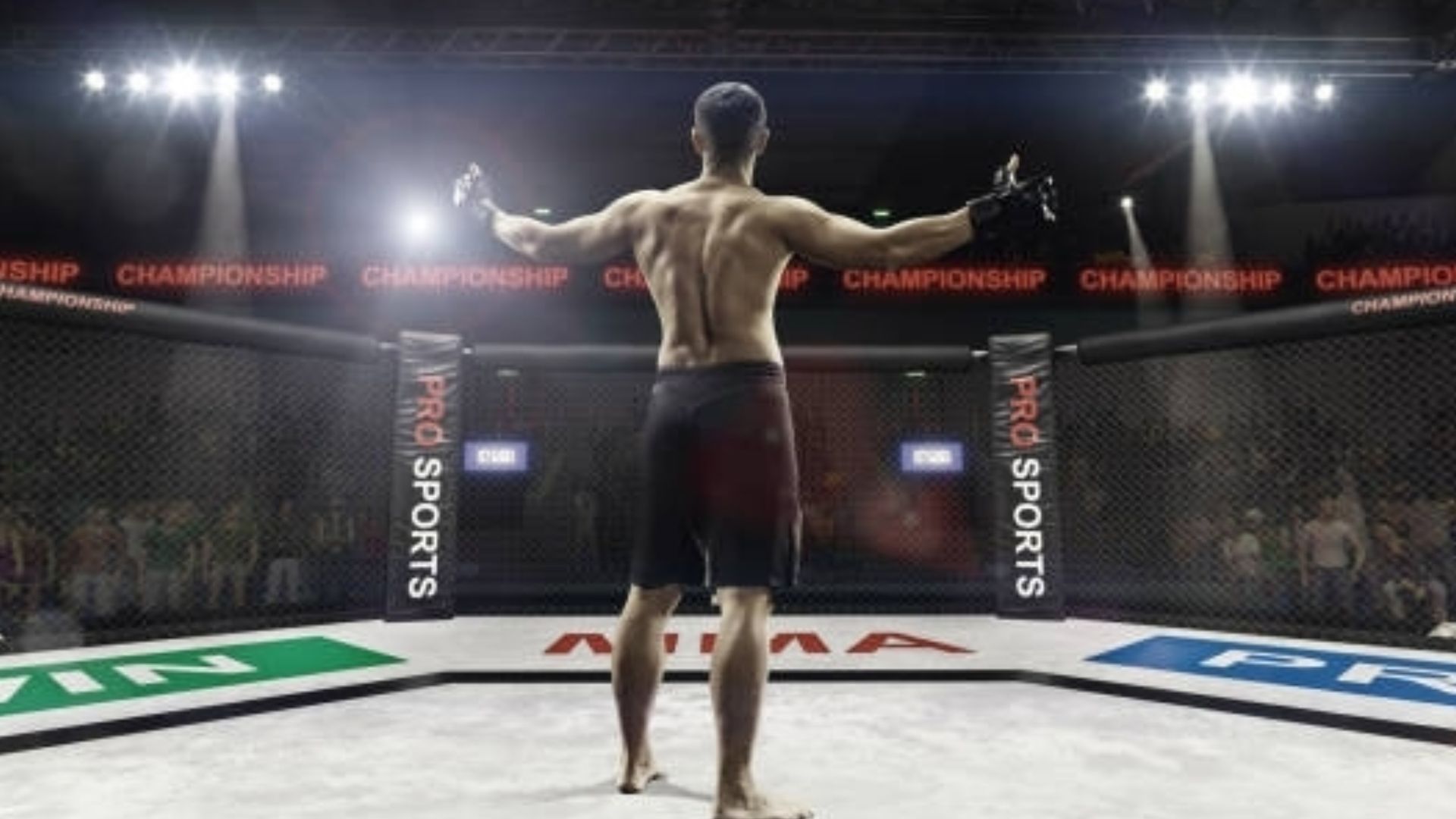 A fighter stands in the center of an MMA octagon, arms outstretched, facing a crowd under bright arena lights.
