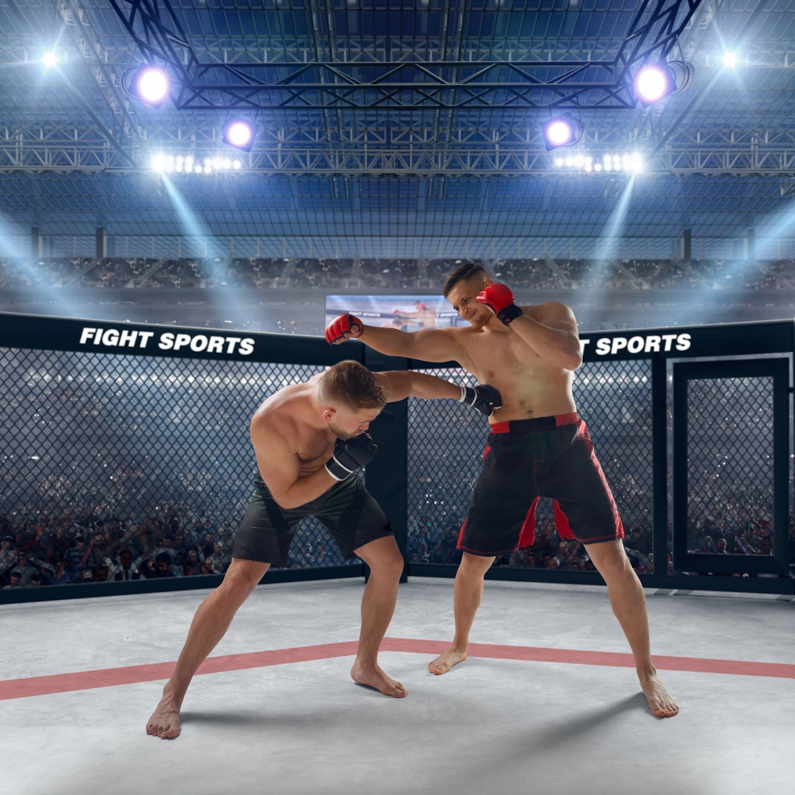 Two fighters in shorts and gloves spar in an MMA ring under bright arena lights.