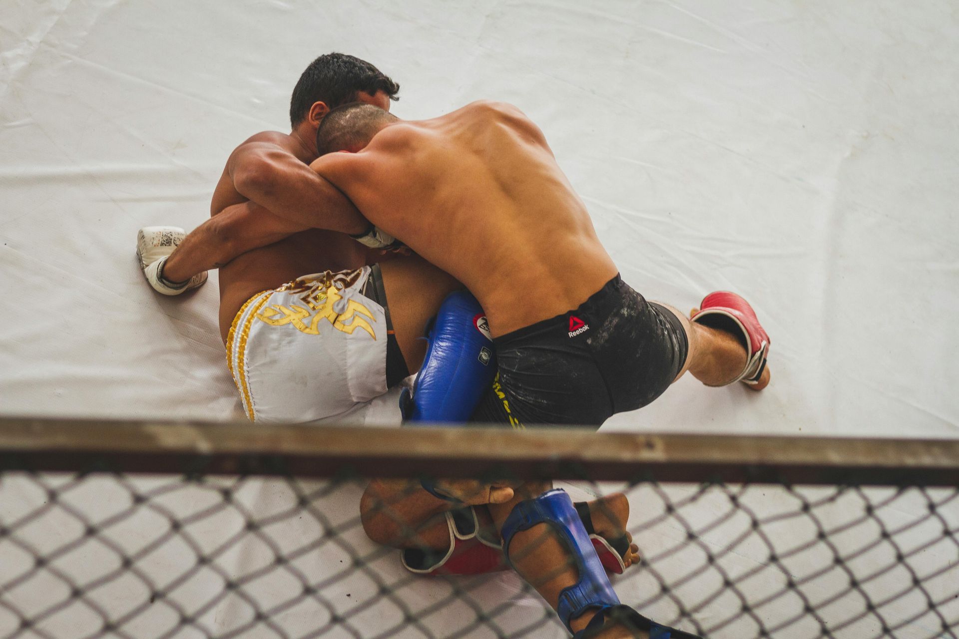 Two mixed martial arts fighters grappling on a white mat, viewed from above through a wire cage fence.