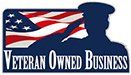 A logo for a veteran owned business with a soldier and an american flag.